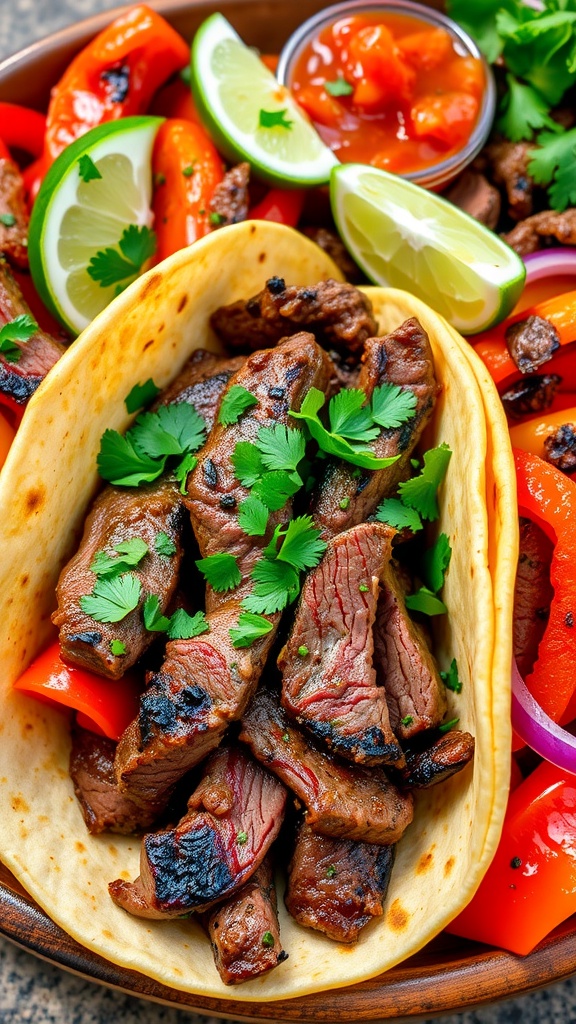 Sizzling steak fajitas with bell peppers and onions, garnished with cilantro and lime, served with tortillas.